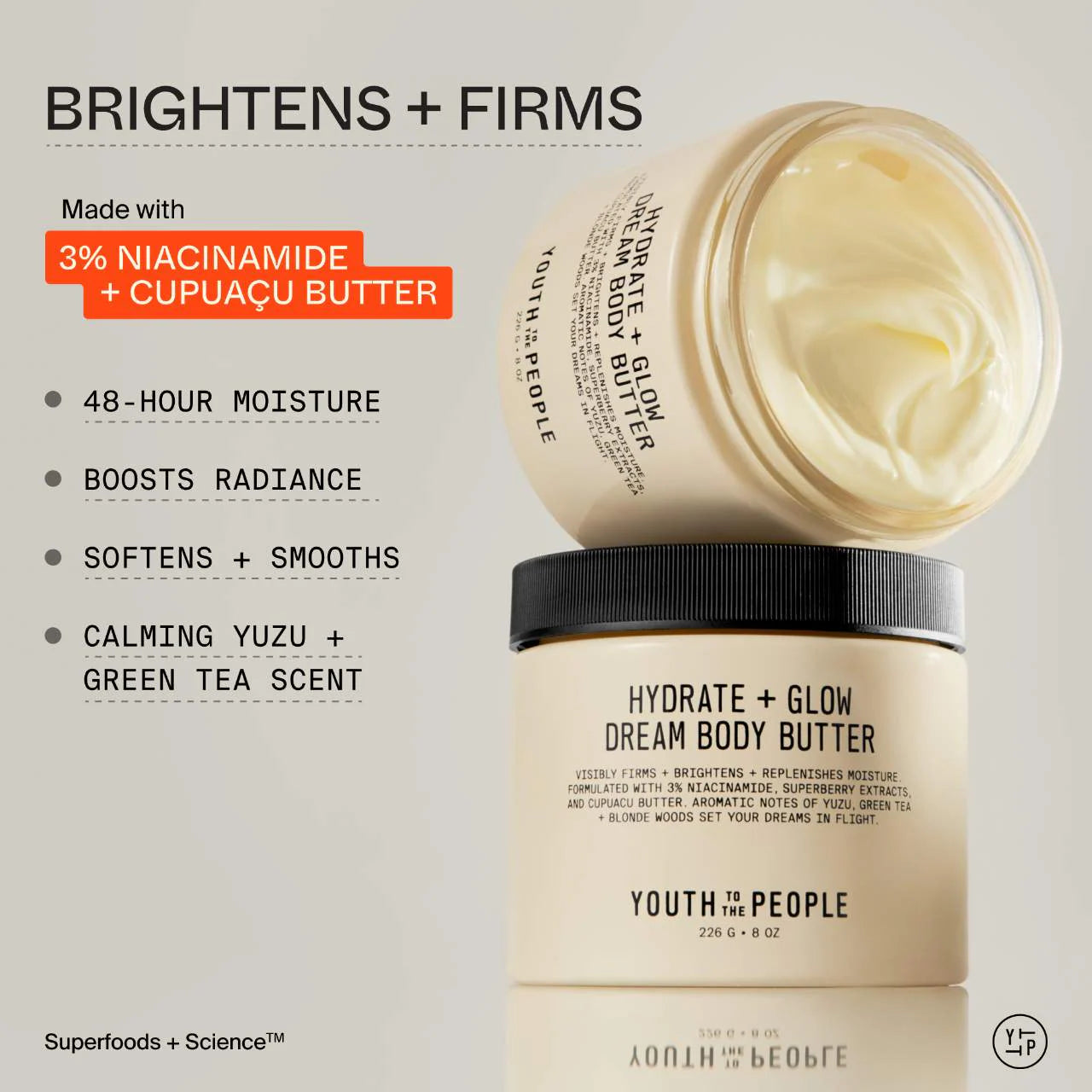 Superberry Firm + Glow Dream Body Butter with Niacinamide, Hyaluronic Acid + Antioxidants – Youth To The People